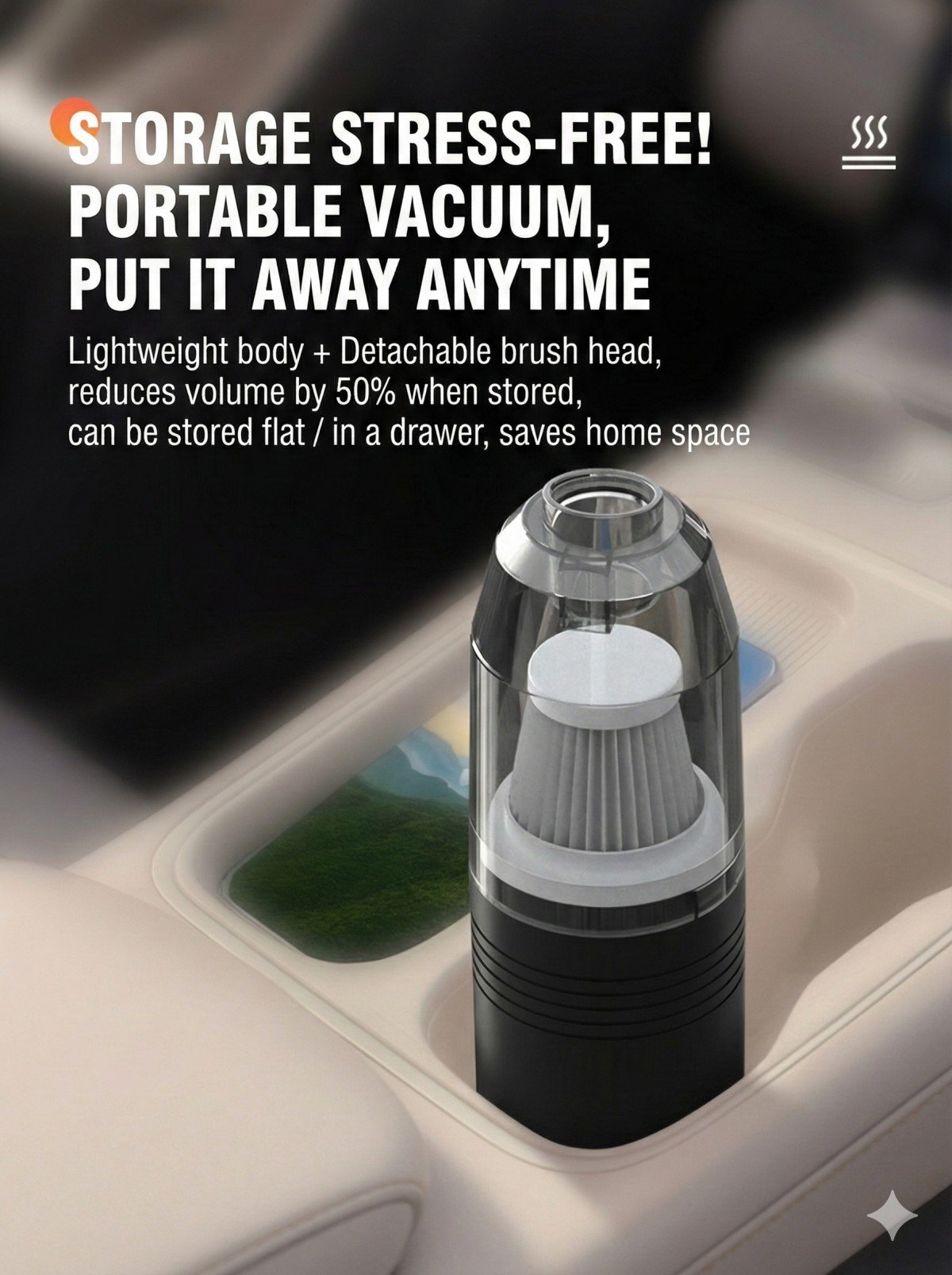 Hand holding mini cordless vacuum cleaning car cup holder