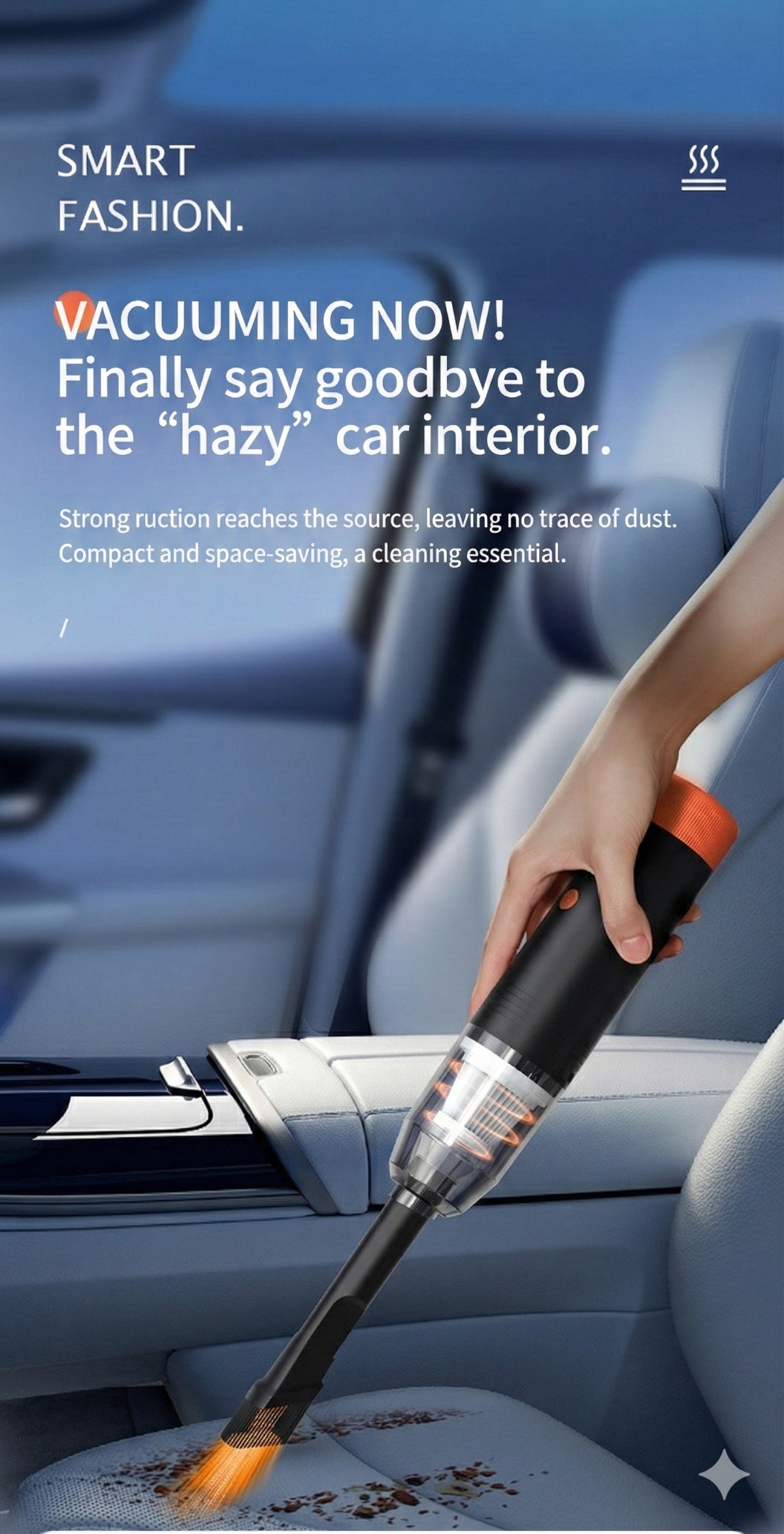 Hand holding mini cordless vacuum cleaning car cup holder