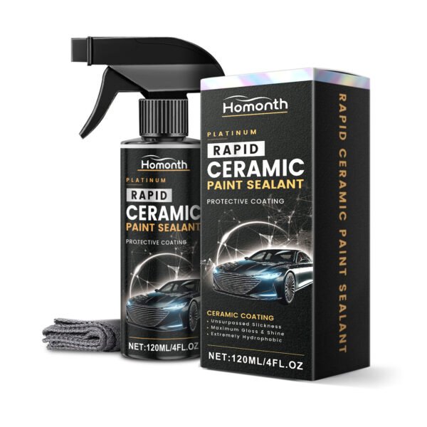 Ceramic paint sealant spray bottle next to shiny red car
