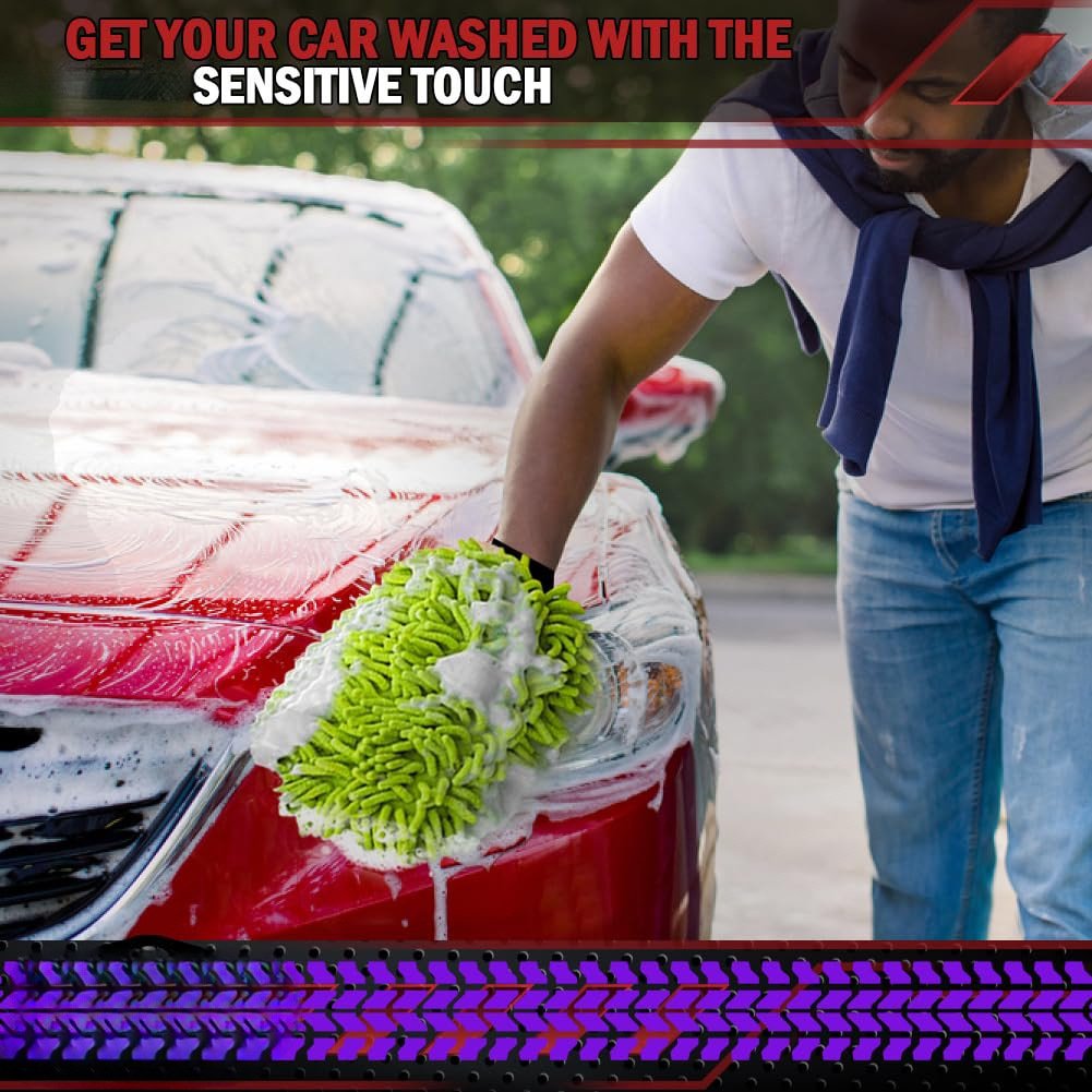 Hand wearing green chenille car wash mitt soaping up vehicle