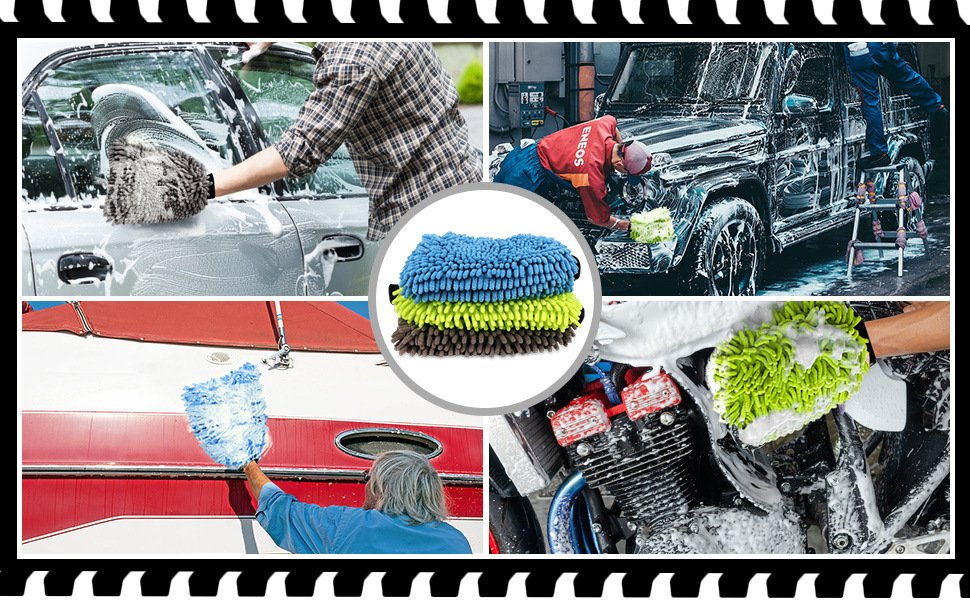 Hand wearing green chenille car wash mitt soaping up vehicle