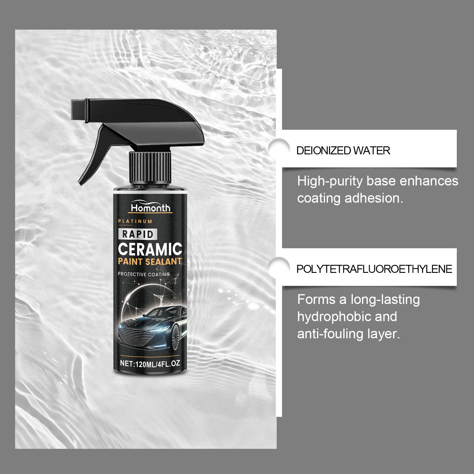 Ceramic paint sealant spray bottle next to shiny red car