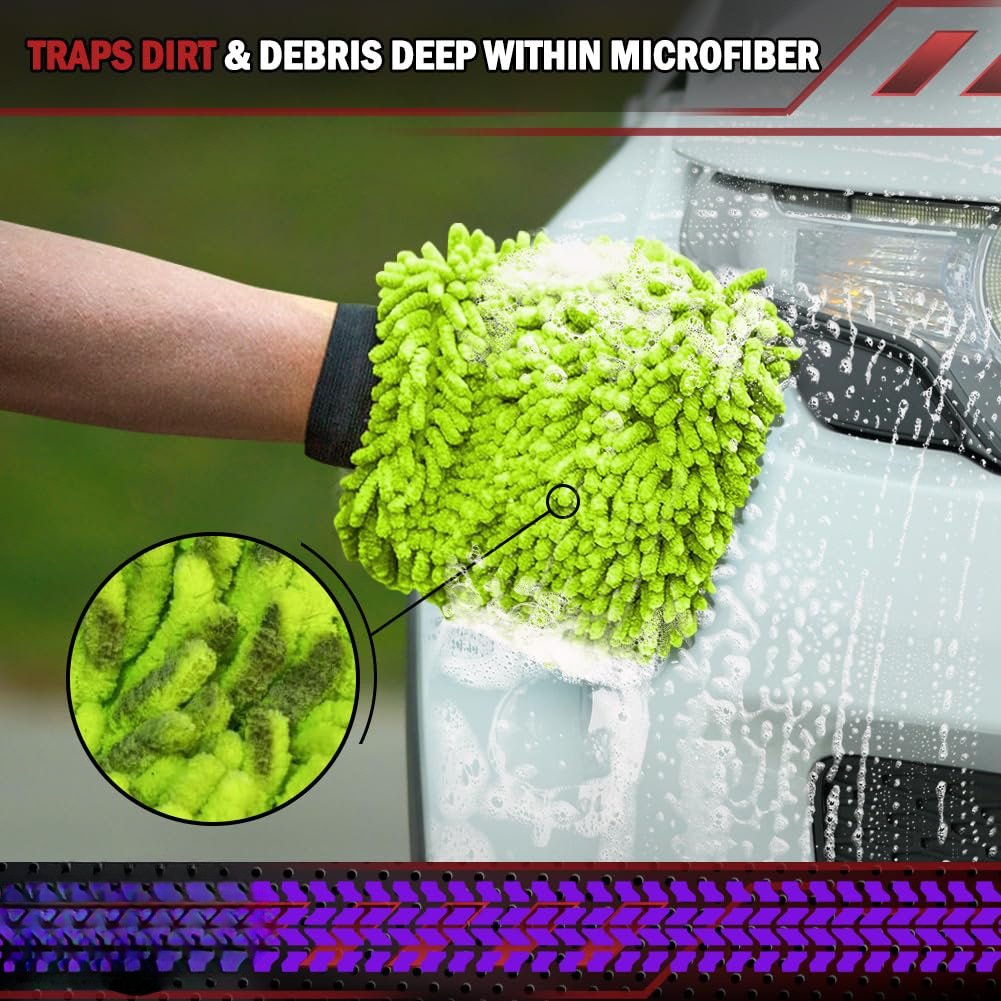 Hand wearing green chenille car wash mitt soaping up vehicle