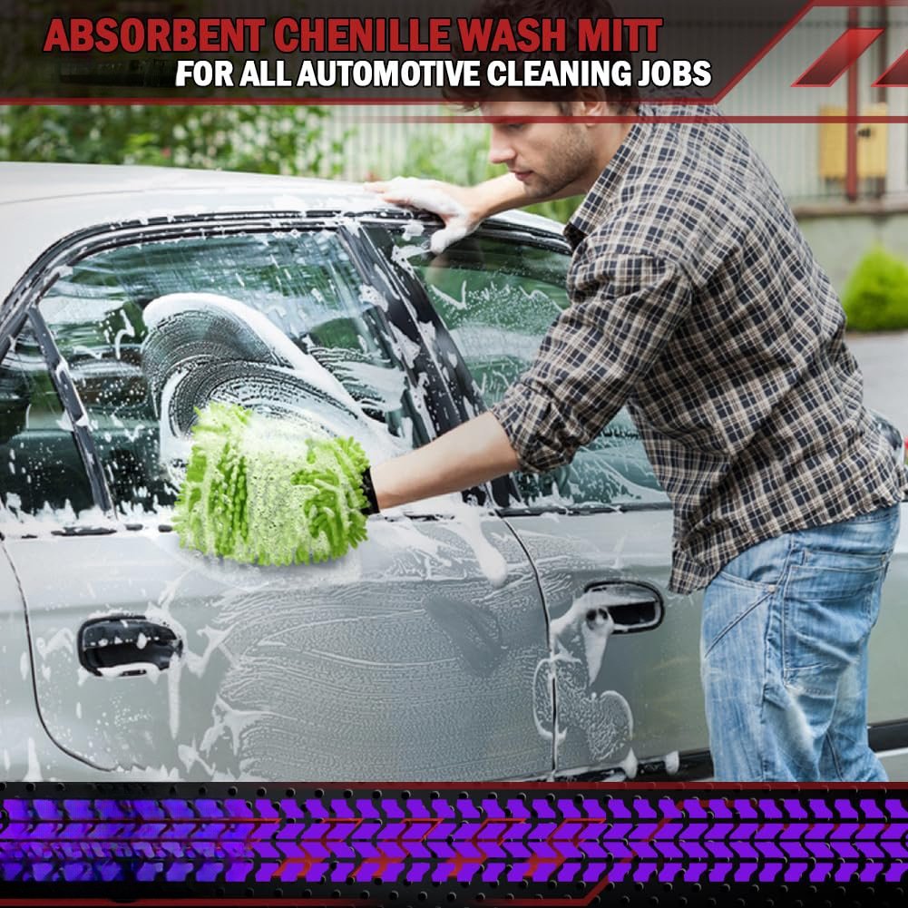 Hand wearing green chenille car wash mitt soaping up vehicle