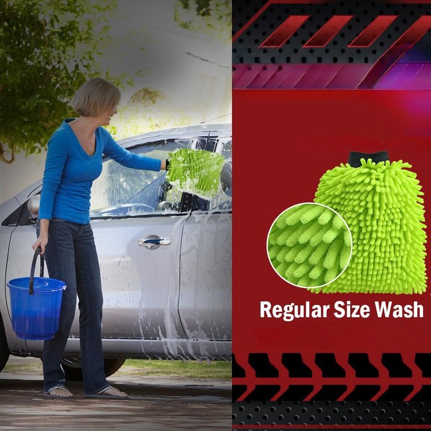 Hand wearing green chenille car wash mitt soaping up vehicle
