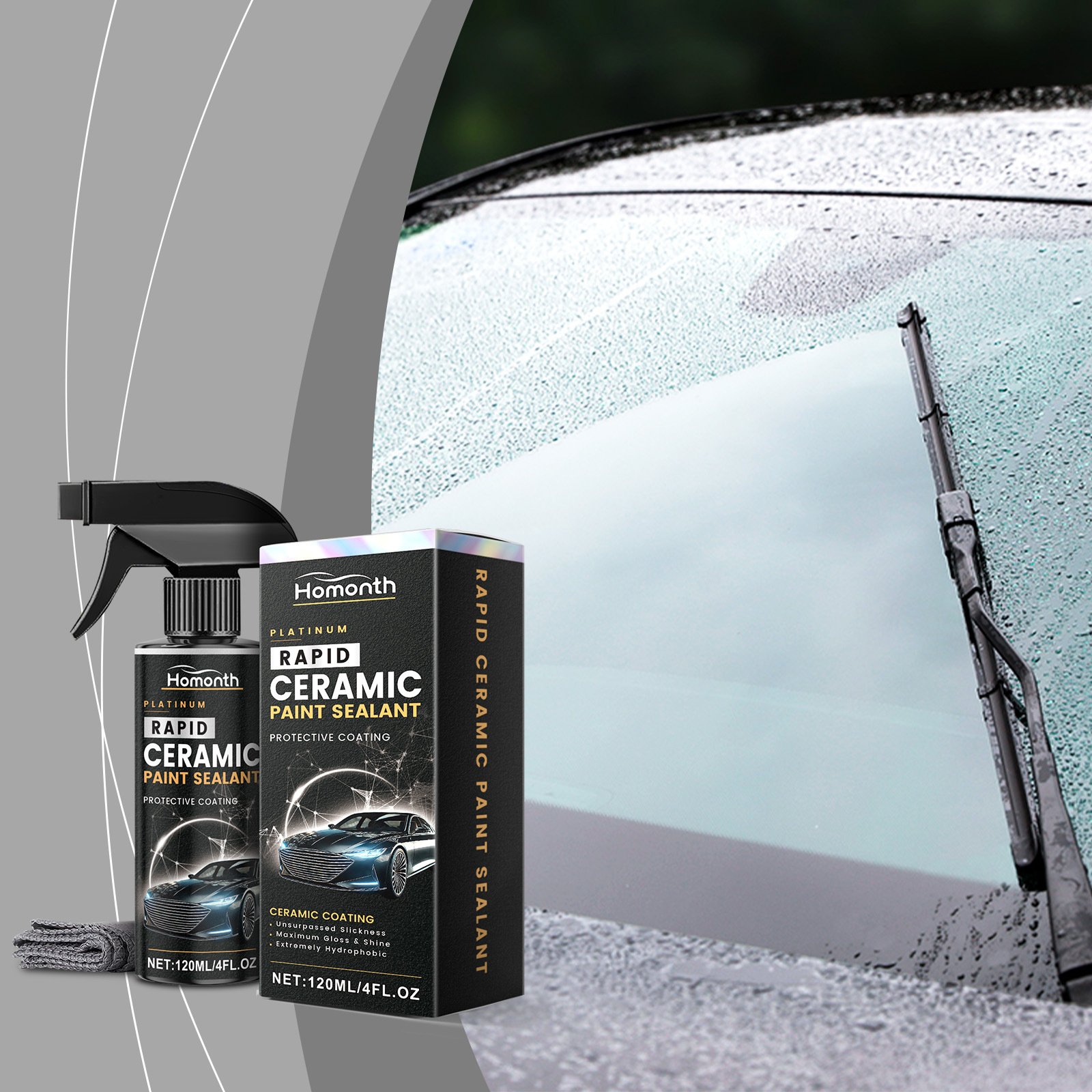 Ceramic paint sealant spray bottle next to shiny red car