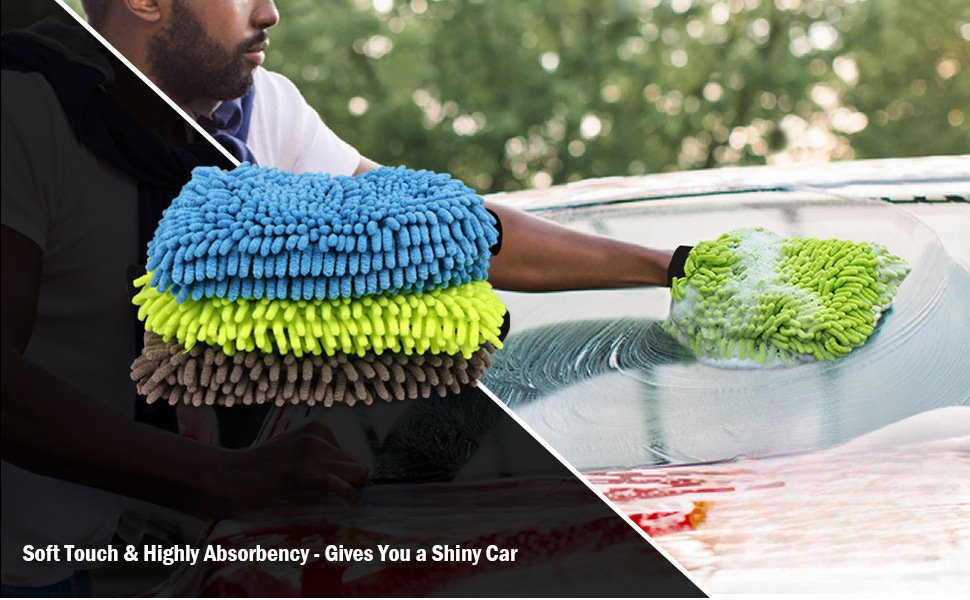 Hand wearing green chenille car wash mitt soaping up vehicle