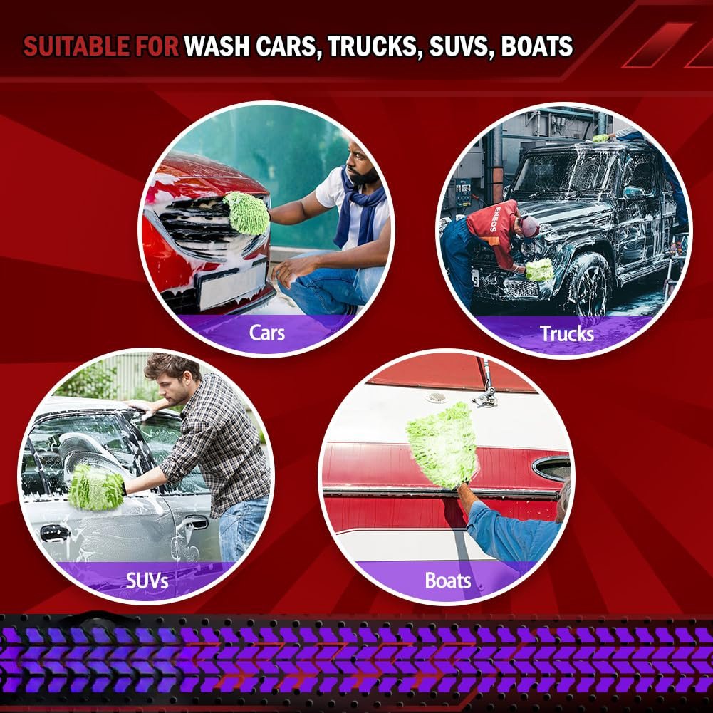 Hand wearing green chenille car wash mitt soaping up vehicle