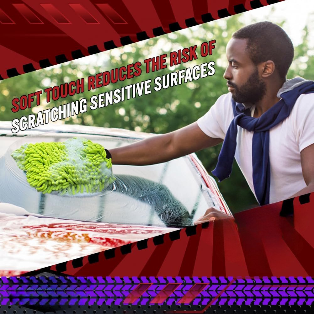 Hand wearing green chenille car wash mitt soaping up vehicle