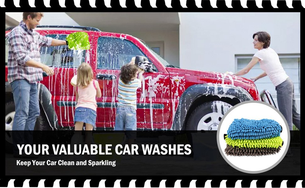 Hand wearing green chenille car wash mitt soaping up vehicle