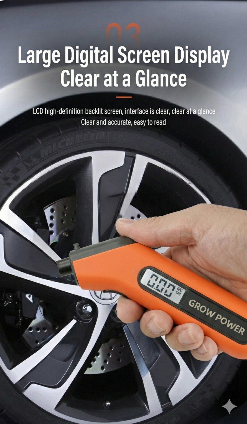 ETENWOLF T300 Digital Tire Pressure Gauge showing LED backlit display and measuring tire pressure on vehicle valve